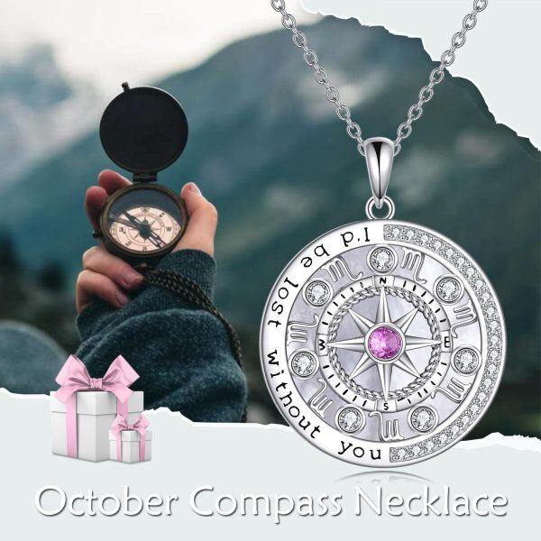 Sterling Silver Compass Pendant Necklace with October Birthstone-5