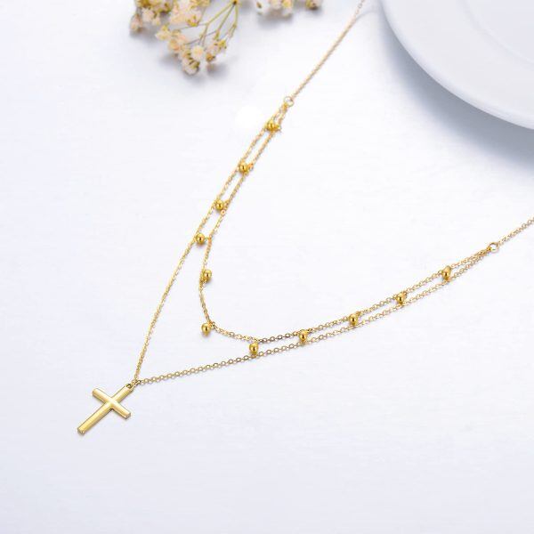 14K Gold Cross Bead Layered Necklace-1