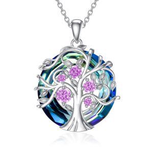 Sterling Silver Tree October Birthstone Pendant Necklace with Crystal Circle-0