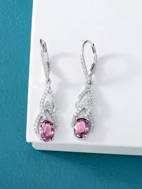 Sterling Silver Pink October Birthstone Dangle Earrings-3