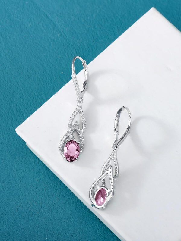 Sterling Silver Pink October Birthstone Dangle Earrings-4