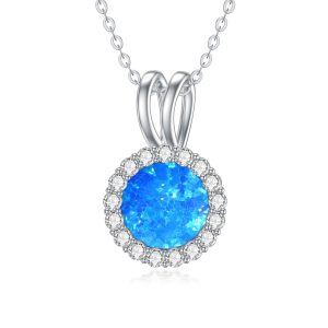 Sterling Silver October Birthstone Blue Round Opal Pendant Necklace-0