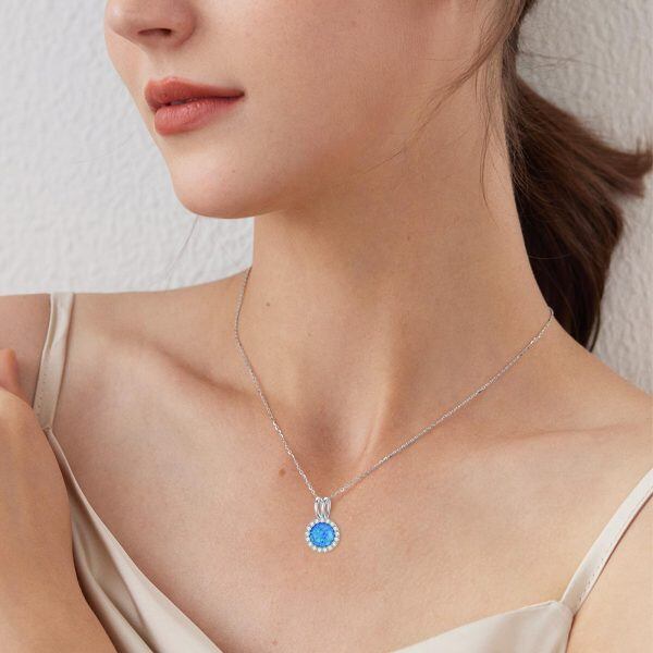 Sterling Silver October Birthstone Blue Round Opal Pendant Necklace-2