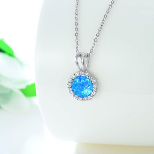 Sterling Silver October Birthstone Blue Round Opal Pendant Necklace-4