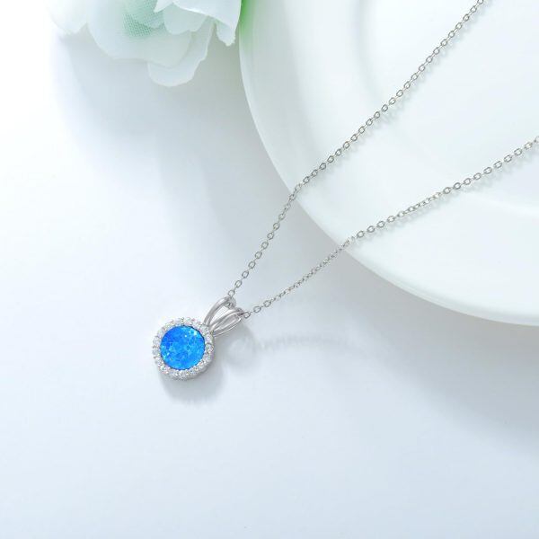 Sterling Silver October Birthstone Blue Round Opal Pendant Necklace-5