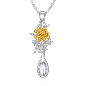 Sterling Silver Marigold Spoon Pendant Necklace with October Birth Flower-0