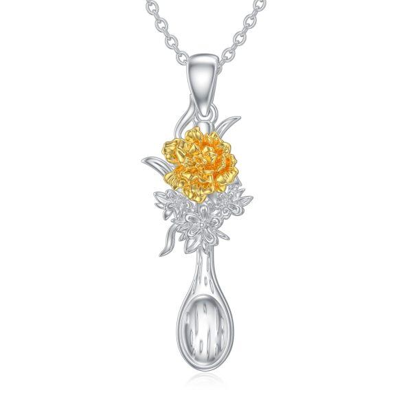 Sterling Silver Marigold Spoon Pendant Necklace with October Birth Flower-0