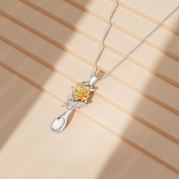 Sterling Silver Marigold Spoon Pendant Necklace with October Birth Flower-3