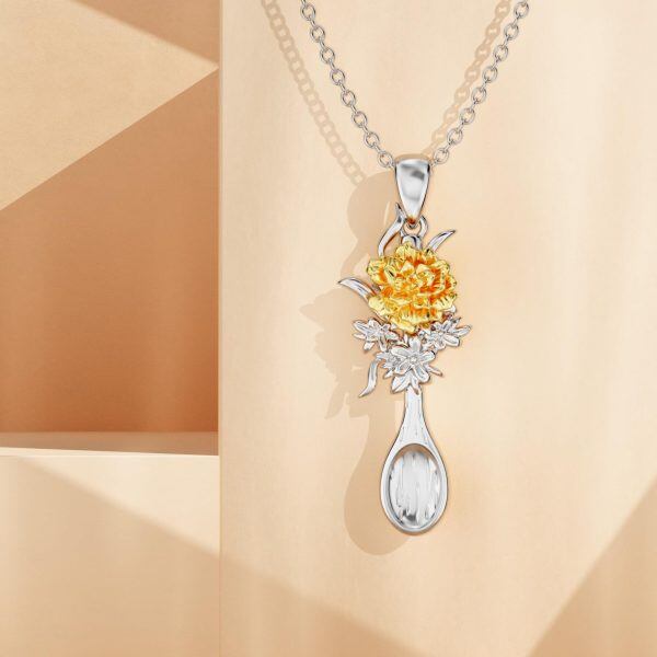 Sterling Silver Marigold Spoon Pendant Necklace with October Birth Flower-4