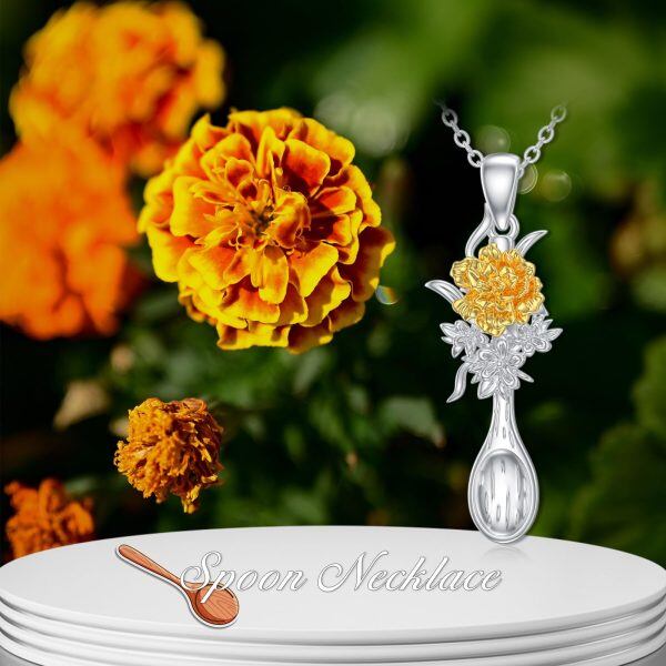 Sterling Silver Marigold Spoon Pendant Necklace with October Birth Flower-5