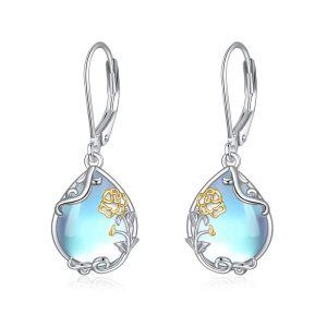 Sterling Silver Marigold Moonstone Dangle Earrings with October Birth Flower-0