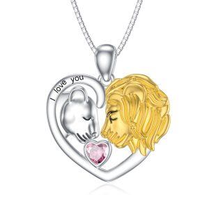 Sterling Silver Lion Heart Pendant Necklace with October Birthstone-0