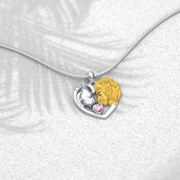 Sterling Silver Lion Heart Pendant Necklace with October Birthstone-2