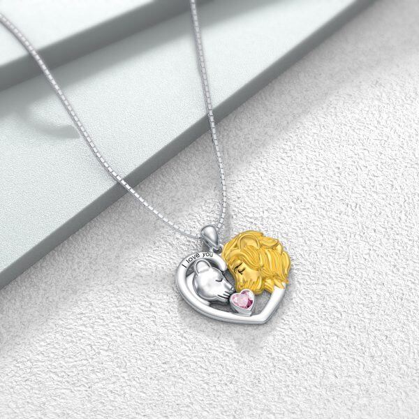 Sterling Silver Lion Heart Pendant Necklace with October Birthstone-3