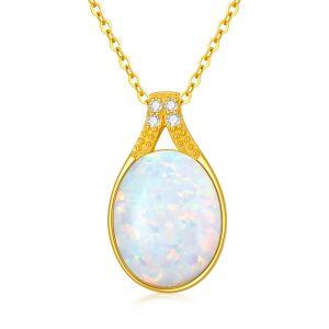 14K Solid Gold White Opal Pendant Necklace-0