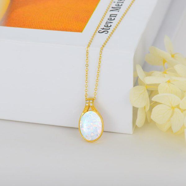 14K Solid Gold White Opal Pendant Necklace-3