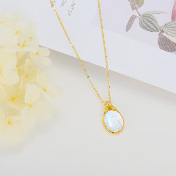 14K Solid Gold White Opal Pendant Necklace-4