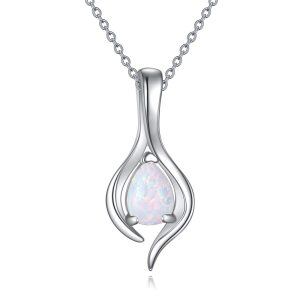 Sterling Silver October Birthstone White Opal Teardrop Pendant Necklace-0