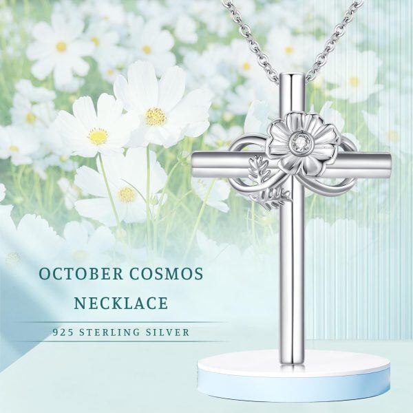 Sterling Silver Cross Marigold October Birth Flower Pendant Necklace-6