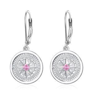 Sterling Silver Compass October Birthstone Dangle Earrings-0