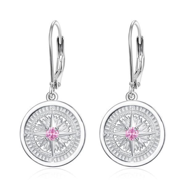 Sterling Silver Compass October Birthstone Dangle Earrings-0