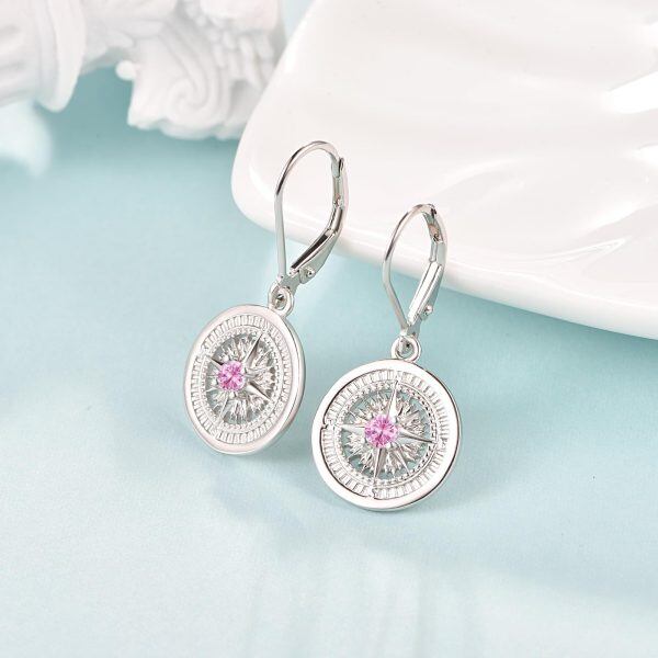 Sterling Silver Compass October Birthstone Dangle Earrings-4