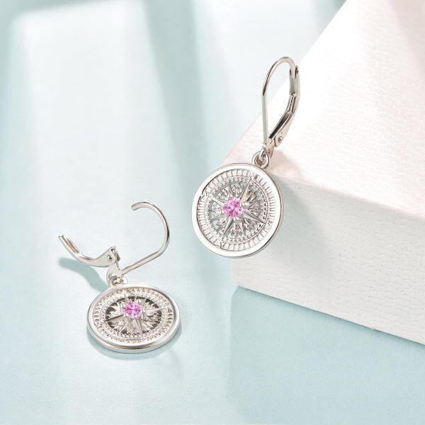 Sterling Silver Compass October Birthstone Dangle Earrings-5