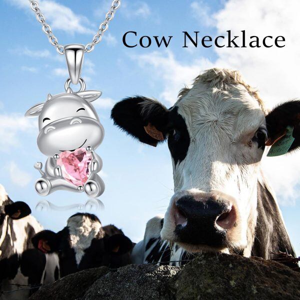 Sterling Silver Cow Pendant Necklace with October Birthstone-5