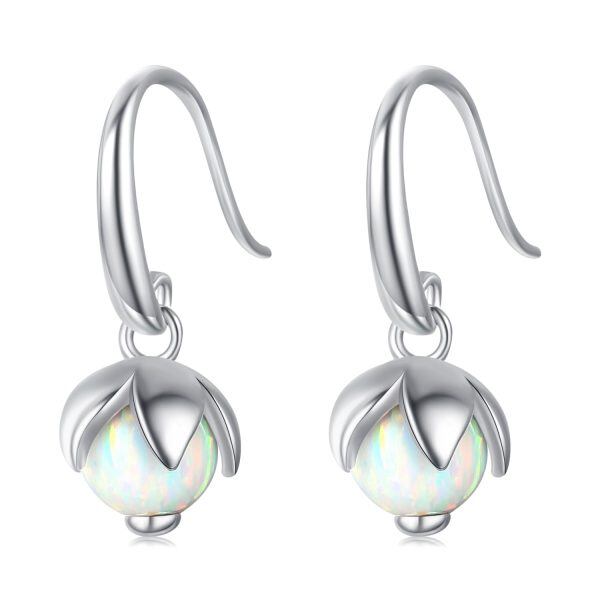 Sterling Silver October Birthstone Opal Round Bead Dangle Earrings-0