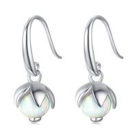 wholesale 925 Sterling Silver White Opal Round Drop Earring Hypoallergenic October Birthday Stone s for Women and Girls- Rhodium Plated
