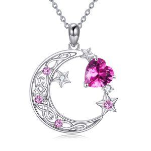 Sterling Silver Moon and Star Pendant Necklace with October Birthstone-0