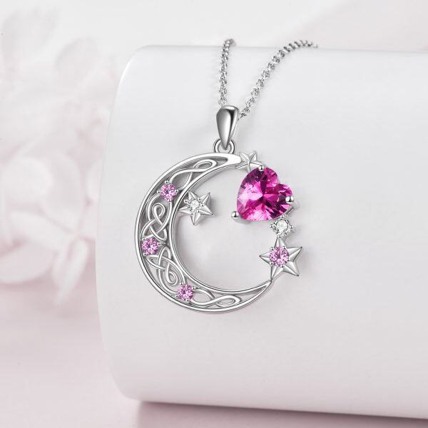 Sterling Silver Moon and Star Pendant Necklace with October Birthstone-3