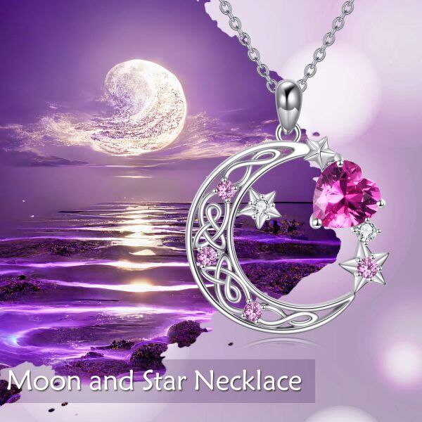 Sterling Silver Moon and Star Pendant Necklace with October Birthstone-5