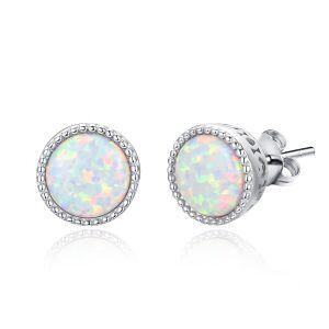 Sterling Silver October Birthstone Round Opal Stud Earrings-0