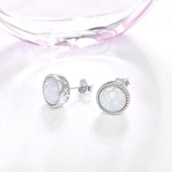 Sterling Silver October Birthstone Round Opal Stud Earrings-5