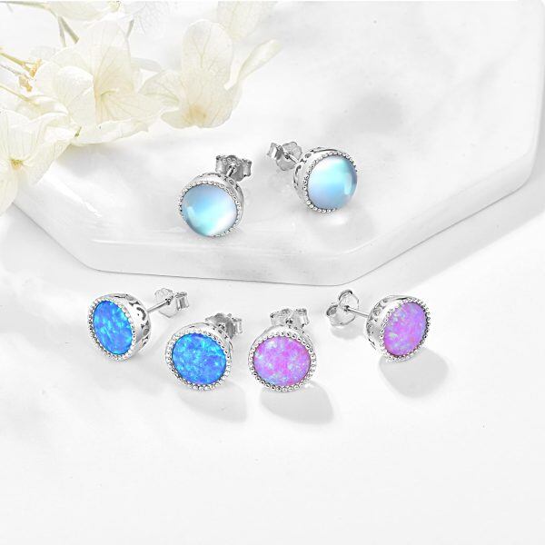 Sterling Silver October Birthstone Round Opal Stud Earrings-6