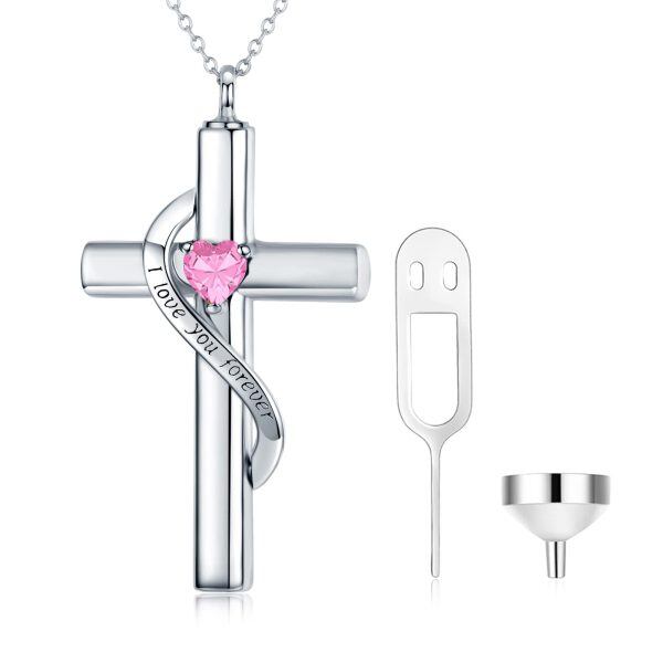 Sterling Silver October Birthstone Crystal Cross Urn Necklace with 10K White Gold Chain-0