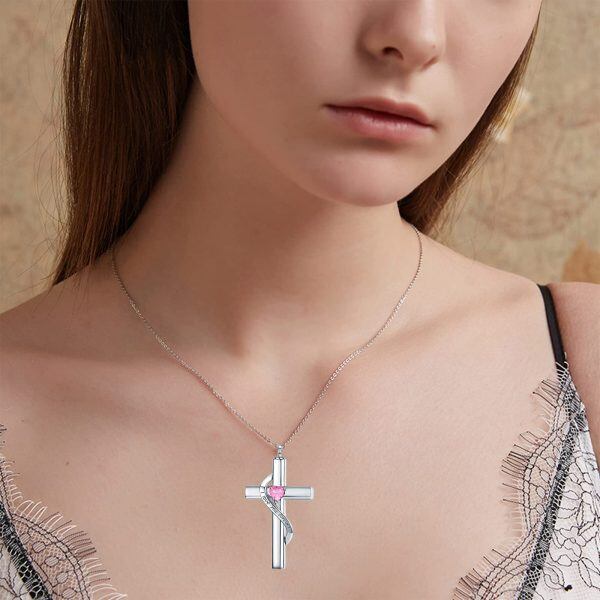 Sterling Silver October Birthstone Crystal Cross Urn Necklace with 10K White Gold Chain-2