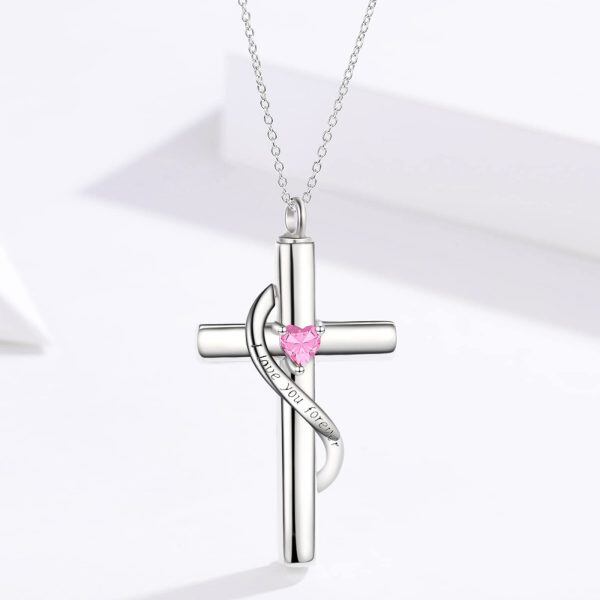 Sterling Silver October Birthstone Crystal Cross Urn Necklace with 10K White Gold Chain-3