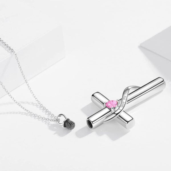 Sterling Silver October Birthstone Crystal Cross Urn Necklace with 10K White Gold Chain-4