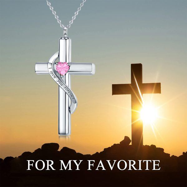 Sterling Silver October Birthstone Crystal Cross Urn Necklace with 10K White Gold Chain-5