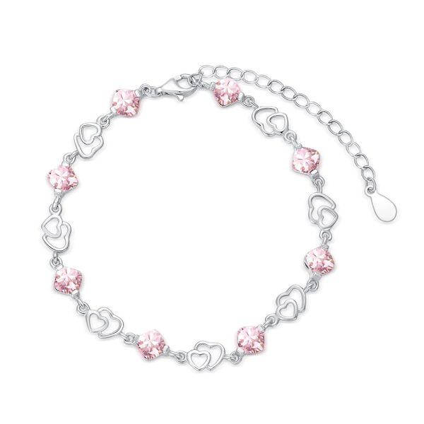 Sterling Silver Love Heart Chain Bracelets with October Birthstone-0