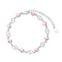wholesale 925 Sterling Silver Pink Crystal Heart Charm Bracelet for Women 7 + Extender- Rhodium Plated