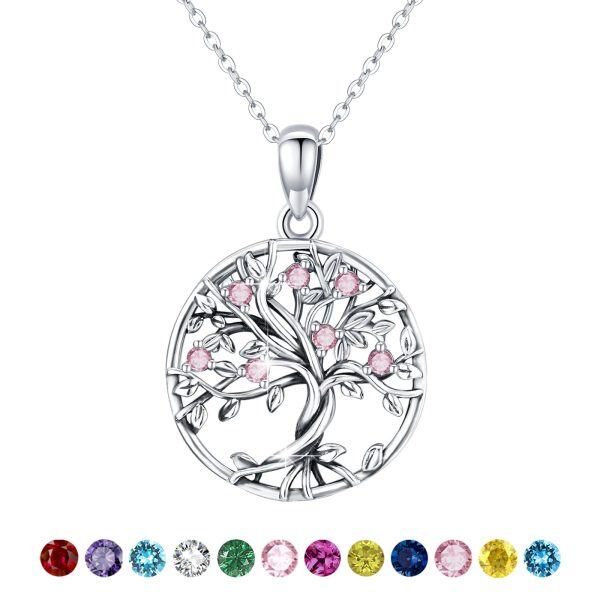 Sterling Silver Tree of Life Pendant Necklace with October Birthstone-0