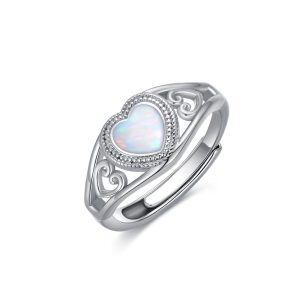 Sterling Silver October Birthstone White Opal Heart Adjustable Rings-0