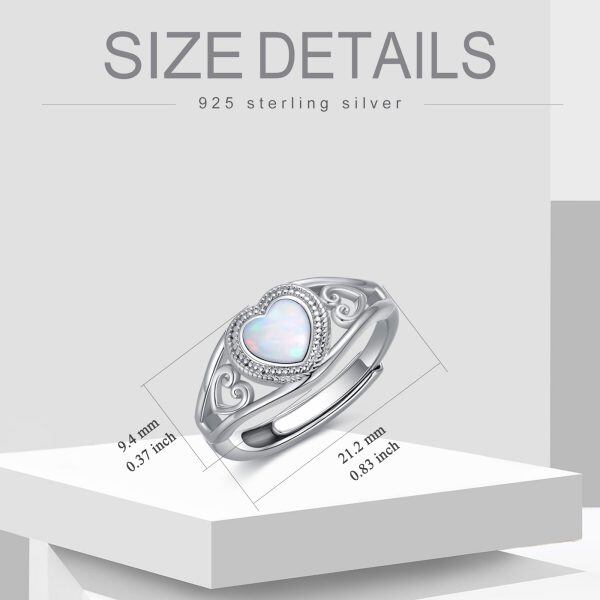 Sterling Silver October Birthstone White Opal Heart Adjustable Rings-1