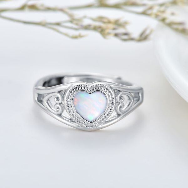 Sterling Silver October Birthstone White Opal Heart Adjustable Rings-4