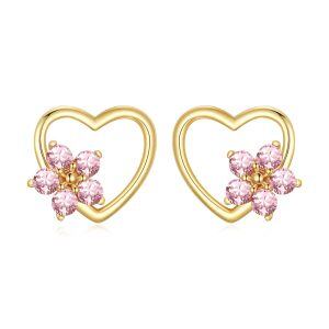 14K Solid Gold Heart Stud Earrings with October Birthstone-0