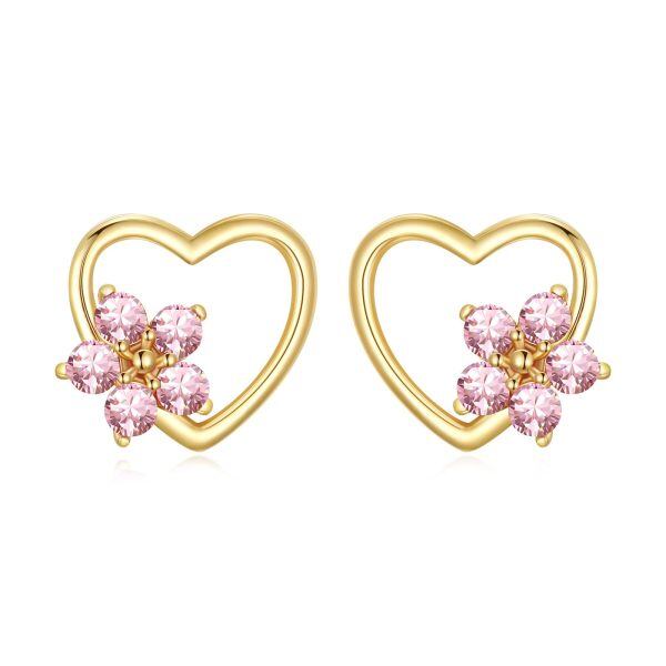 14K Solid Gold Heart Stud Earrings with October Birthstone-0