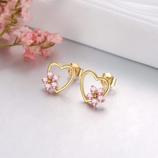 14K Solid Gold Heart Stud Earrings with October Birthstone-2